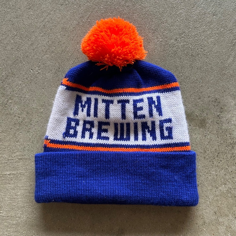 Vintage Mitten Brewing Pom Beanie Hat Cap One Size Blue Orange Alcohol Adult